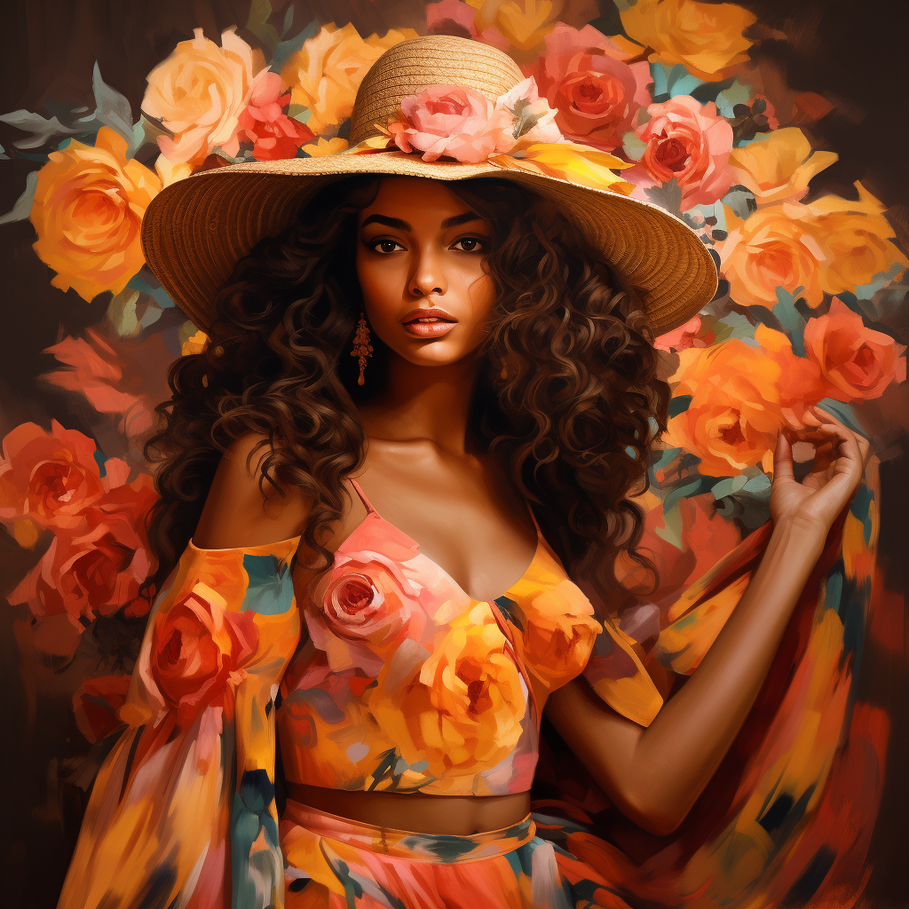 Beautiful brown woman in dress and hat with flowers