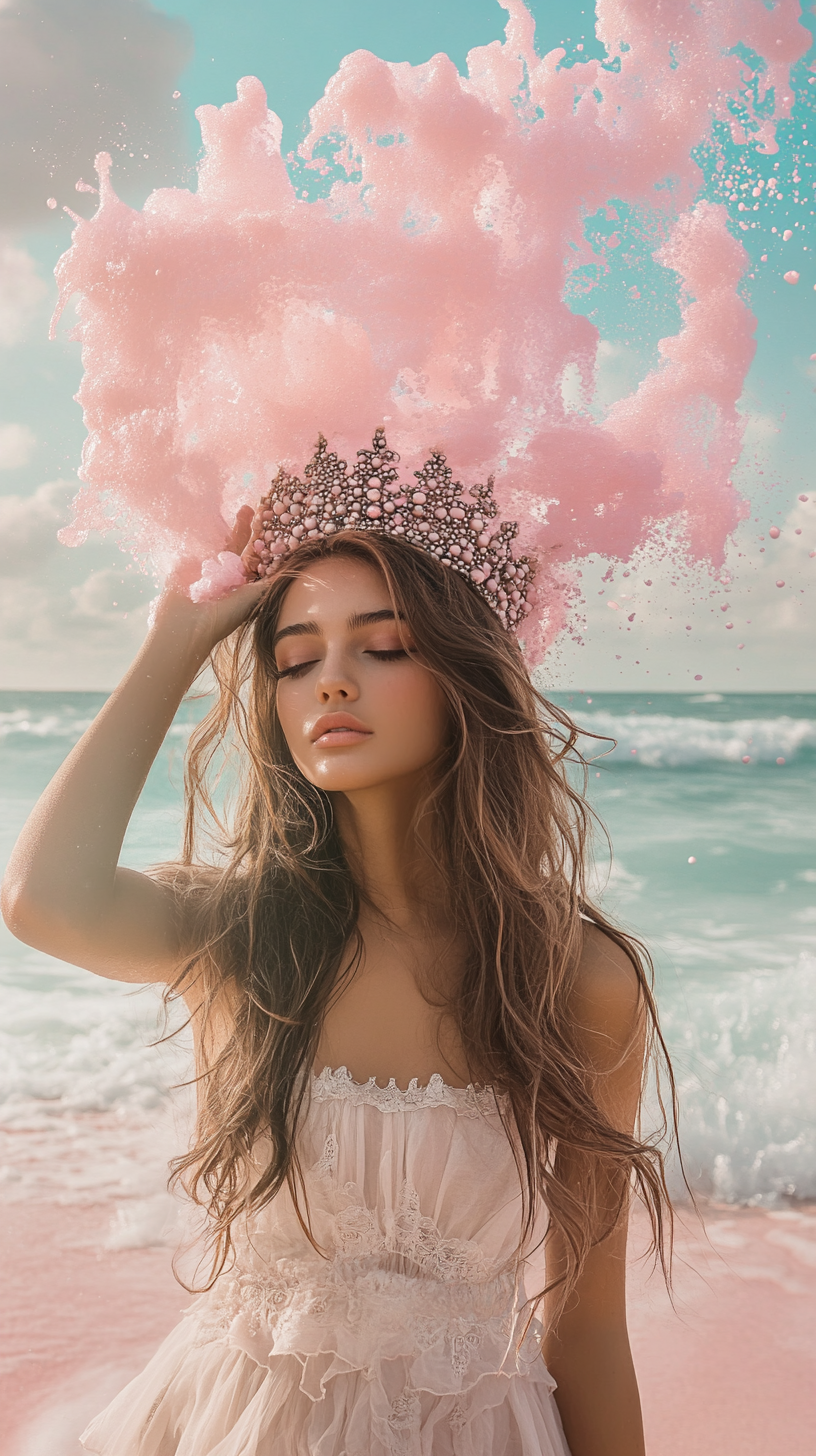 Brunette Girl Pink Sand Crown