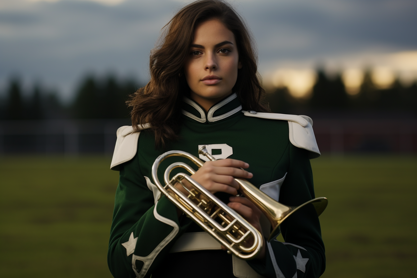 Young woman playing a trumpet in band uniform