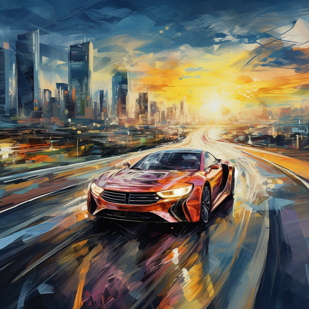 Vibrant Car Driving with Cityscape View