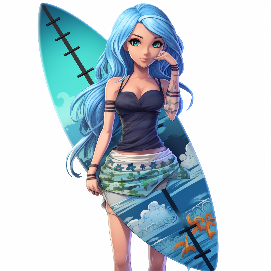 Cartoon woman with blue hair riding surfboard