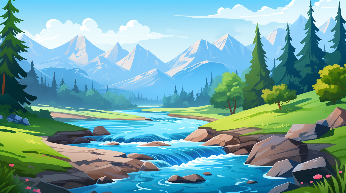 Cartoon style of a beautiful mountain river