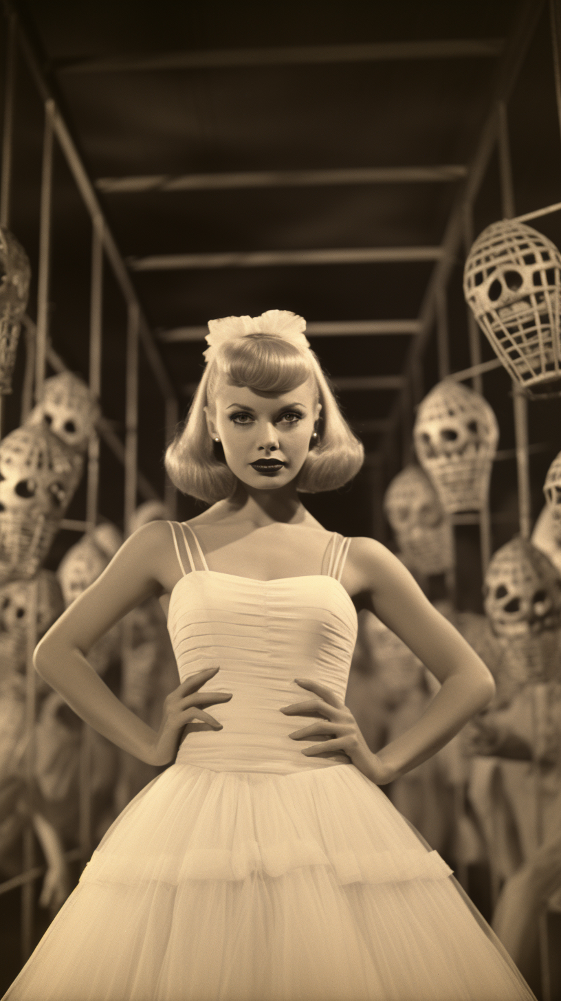 Gorgeous cheerleader in 1950s horror movie scene