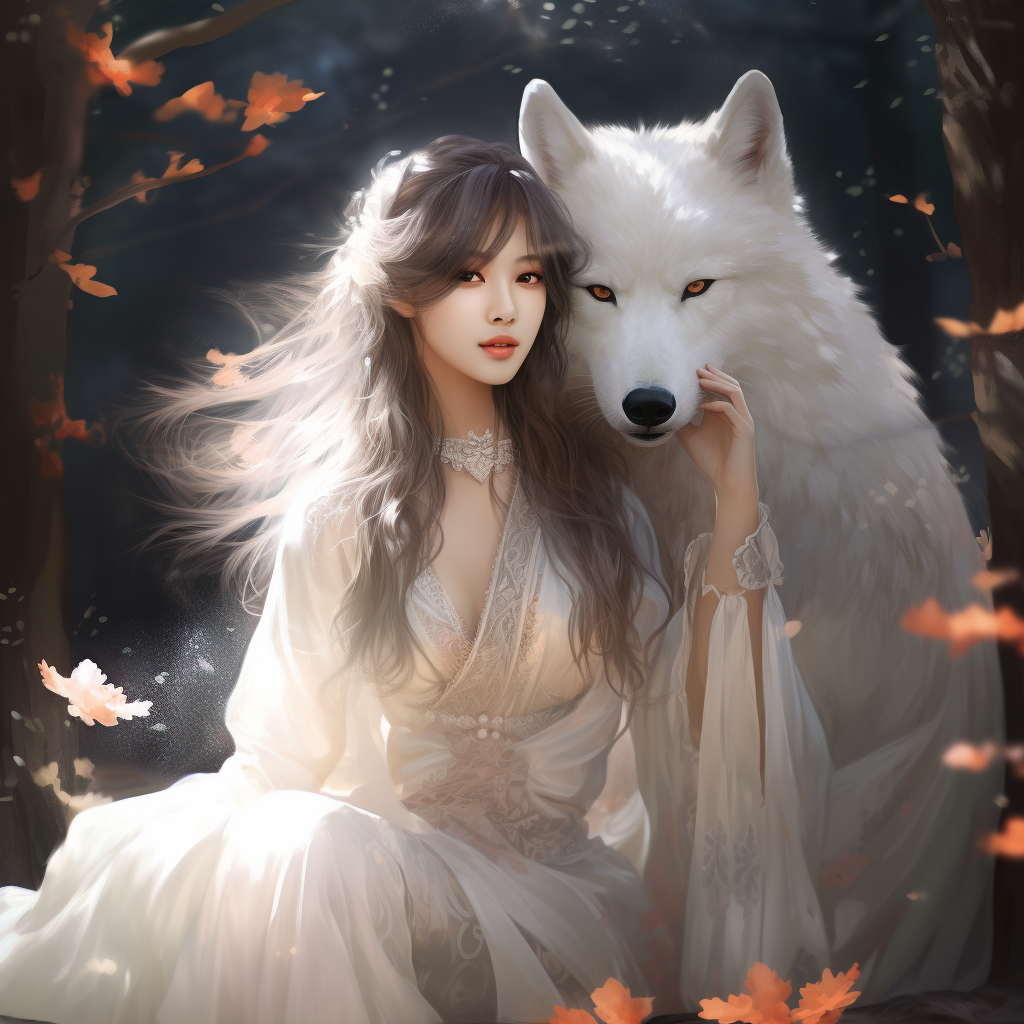 Beautiful Chinese girl with ghost-like white fox