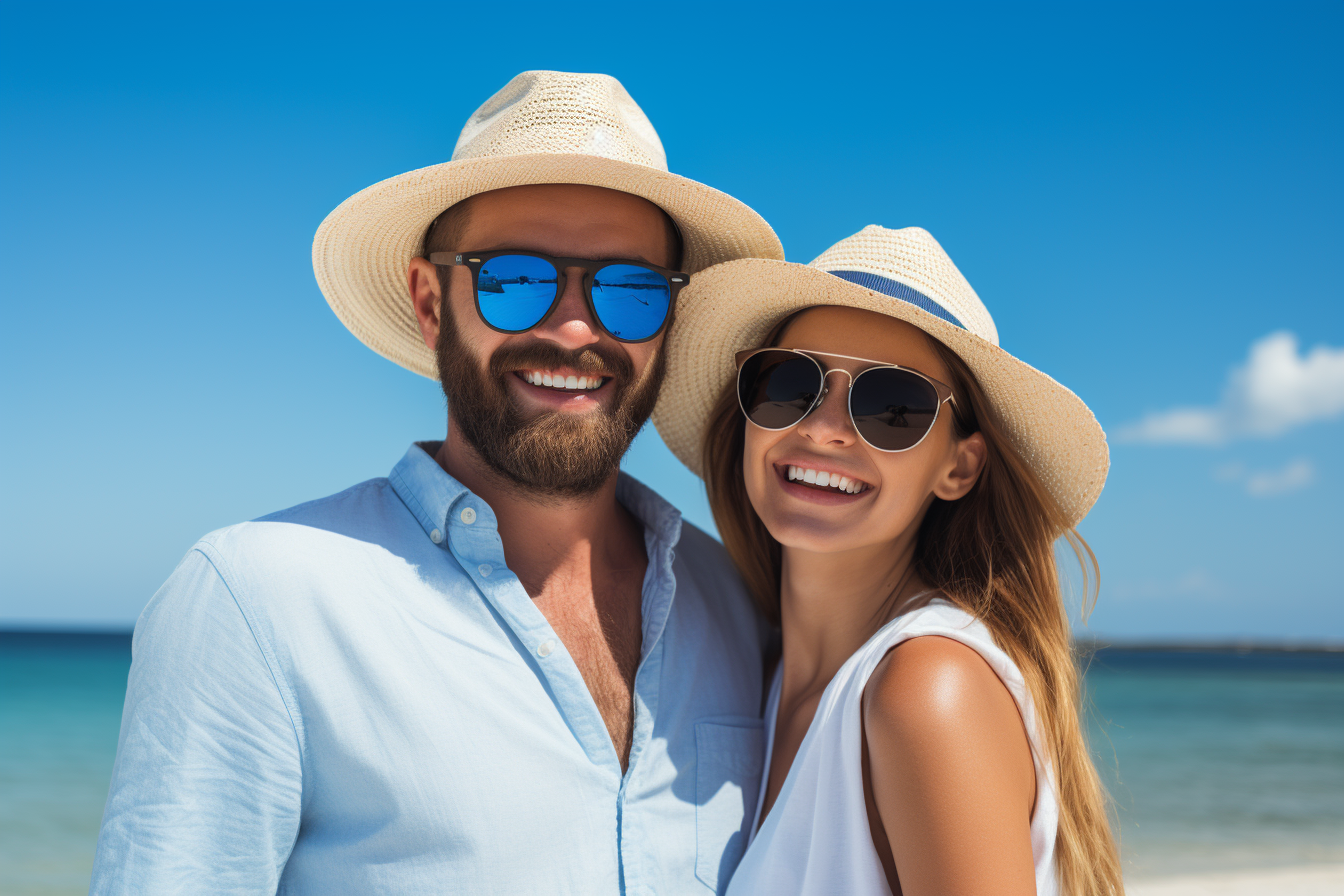 Smiling couple on the beach with sunglasses and hat