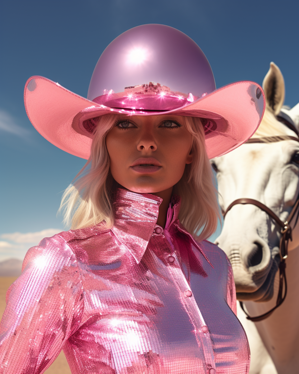 Cowgirl riding disco ball horse in desert