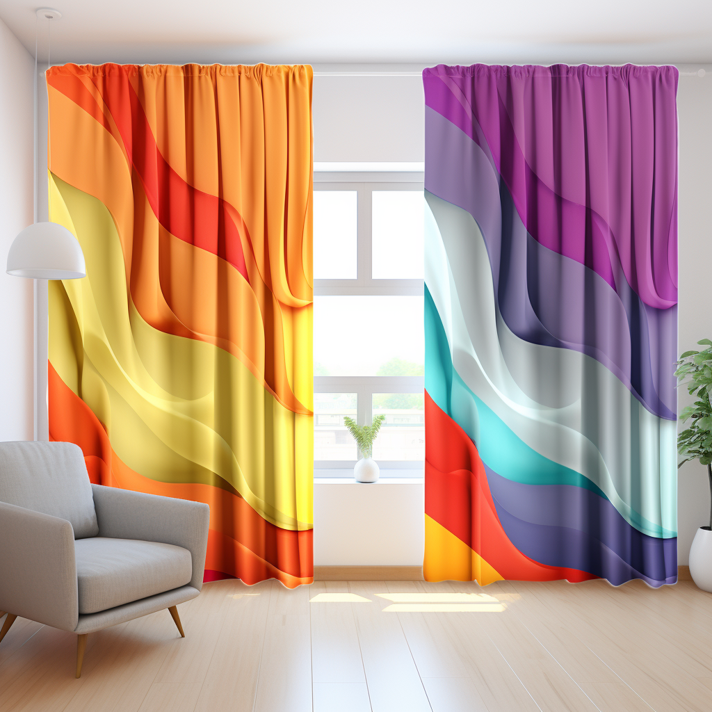 Vibrant cartoon-style curtains on a white background