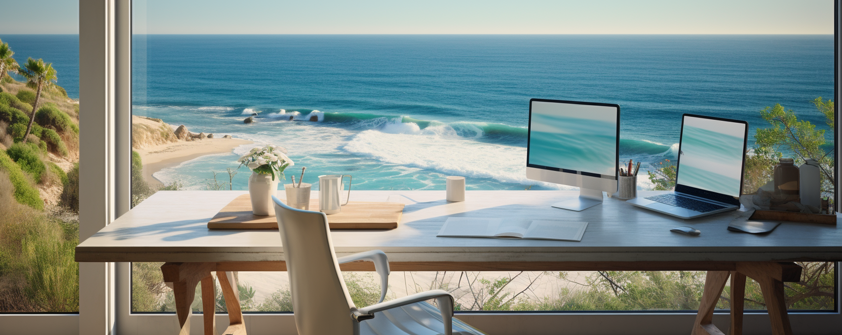 Elegant desk setup with ocean view