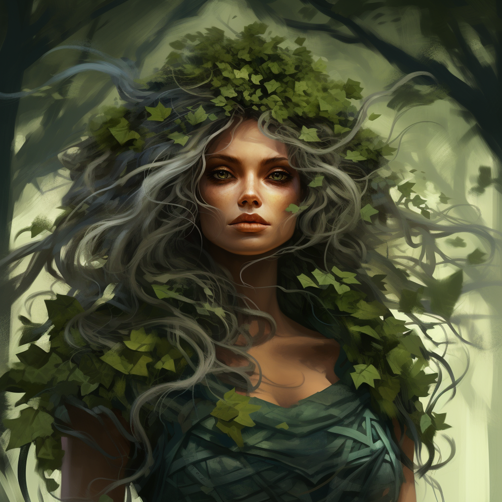 Stunning dryad with green hair and emerald eyes