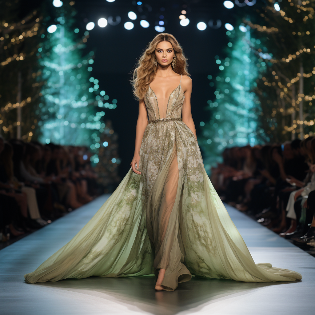 Gorgeous elf model in holiday gown walking the runway