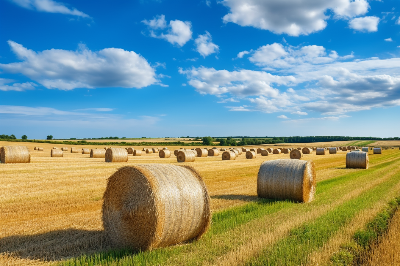 Scenic view of English countryside with hay bales