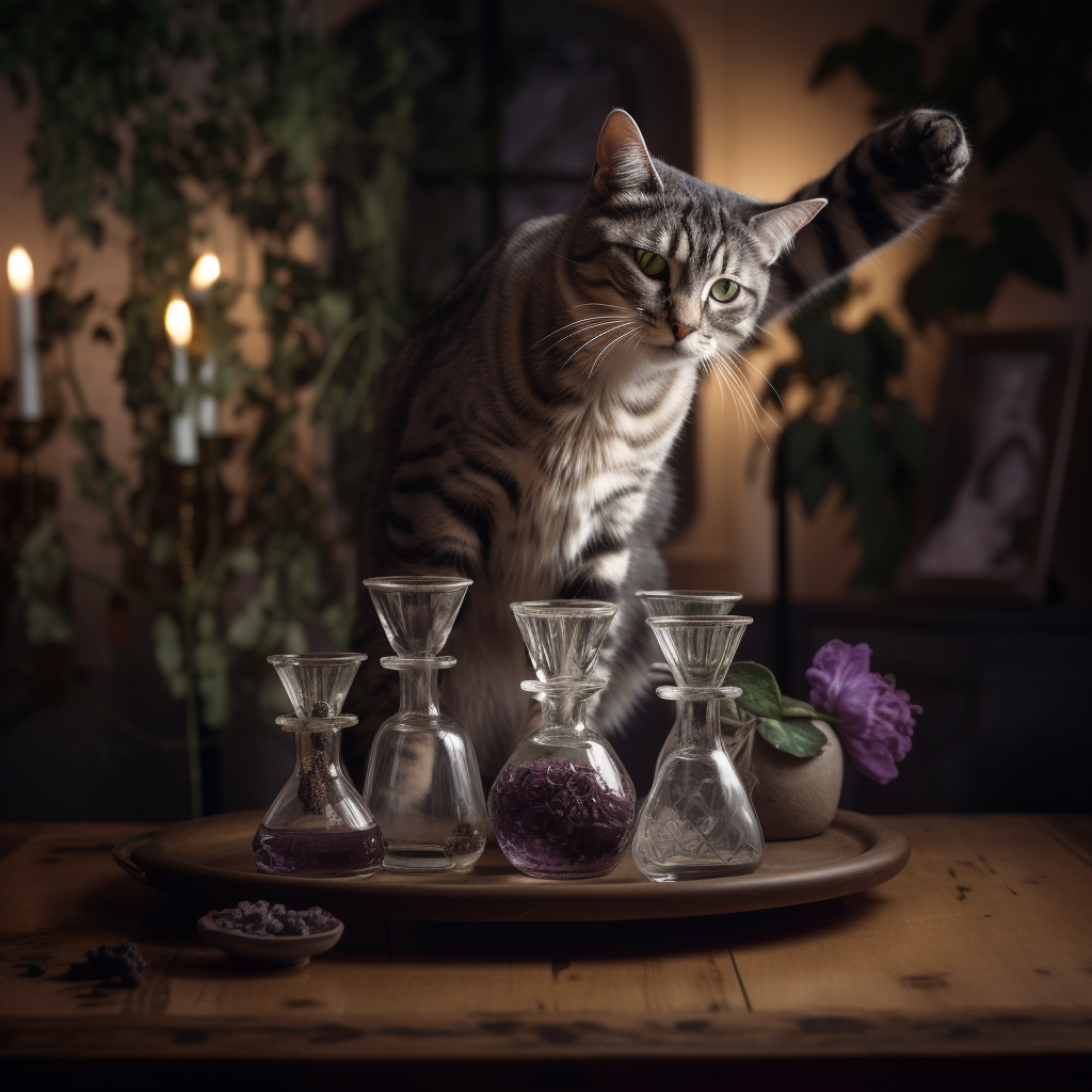 Exotic spotted cat balancing carafe on tray