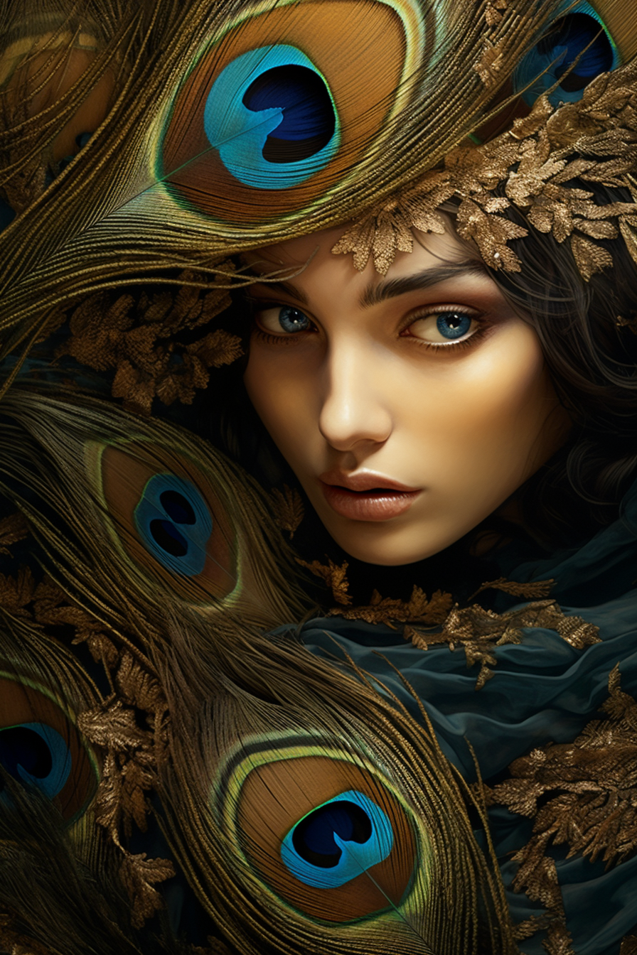 Woman with Peacock Feathers and Beautiful Eyes