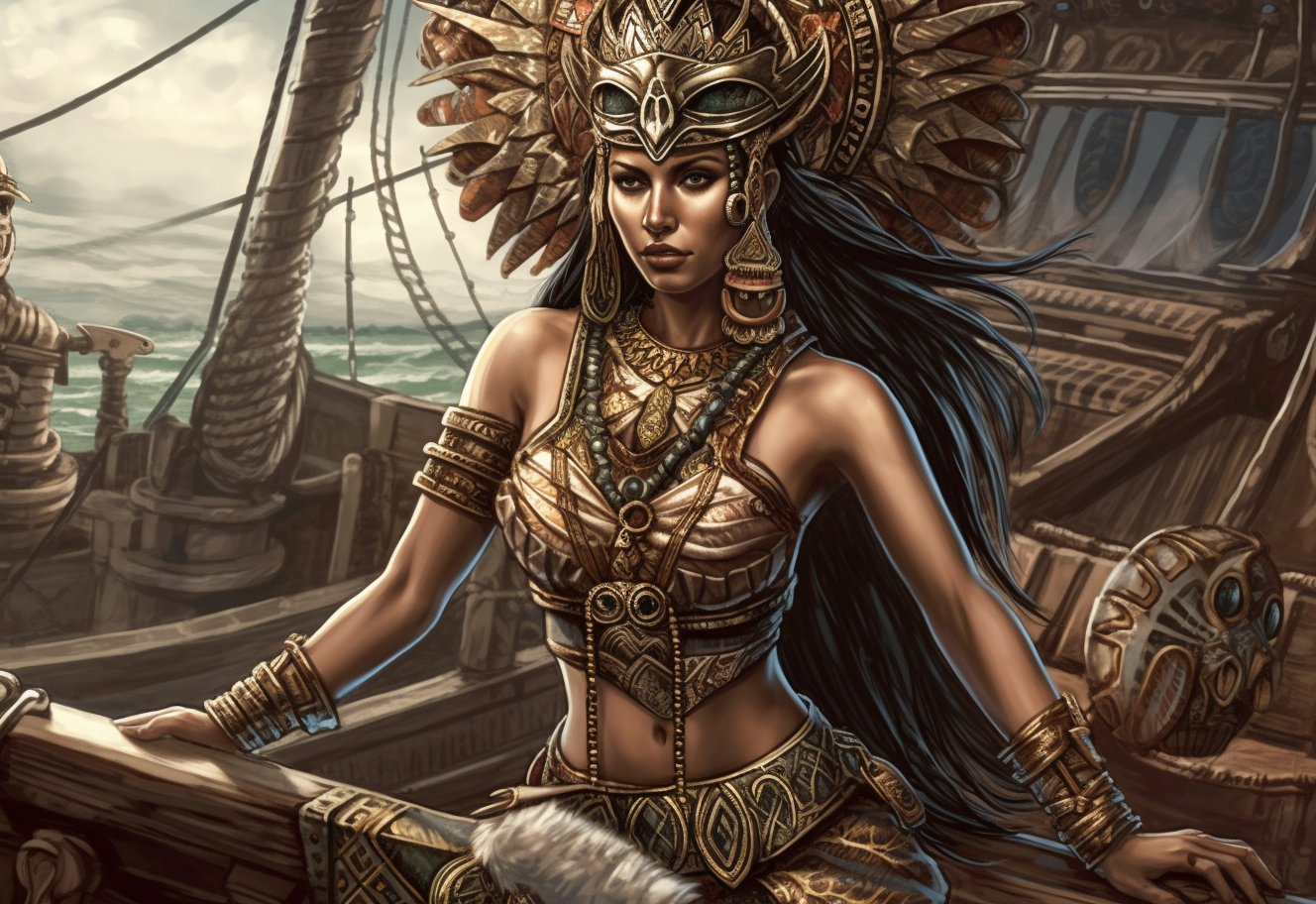 Beautiful female Aztec warrior sailing ship depiction