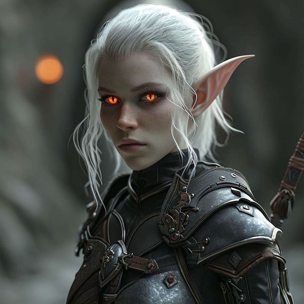 Beautiful female drow mage with orange glowing eyes