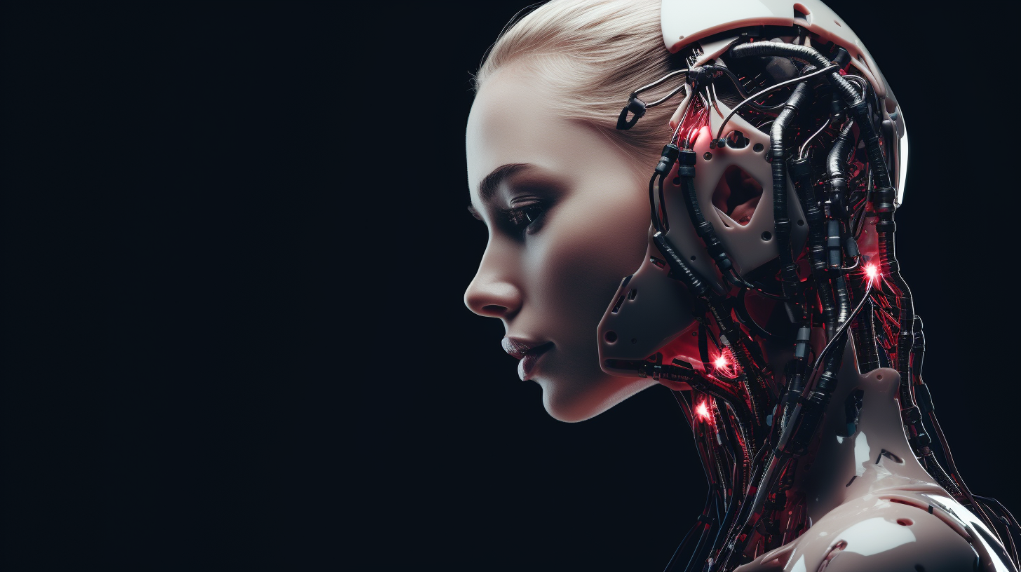 Robotic female with circuits and wires in dark background