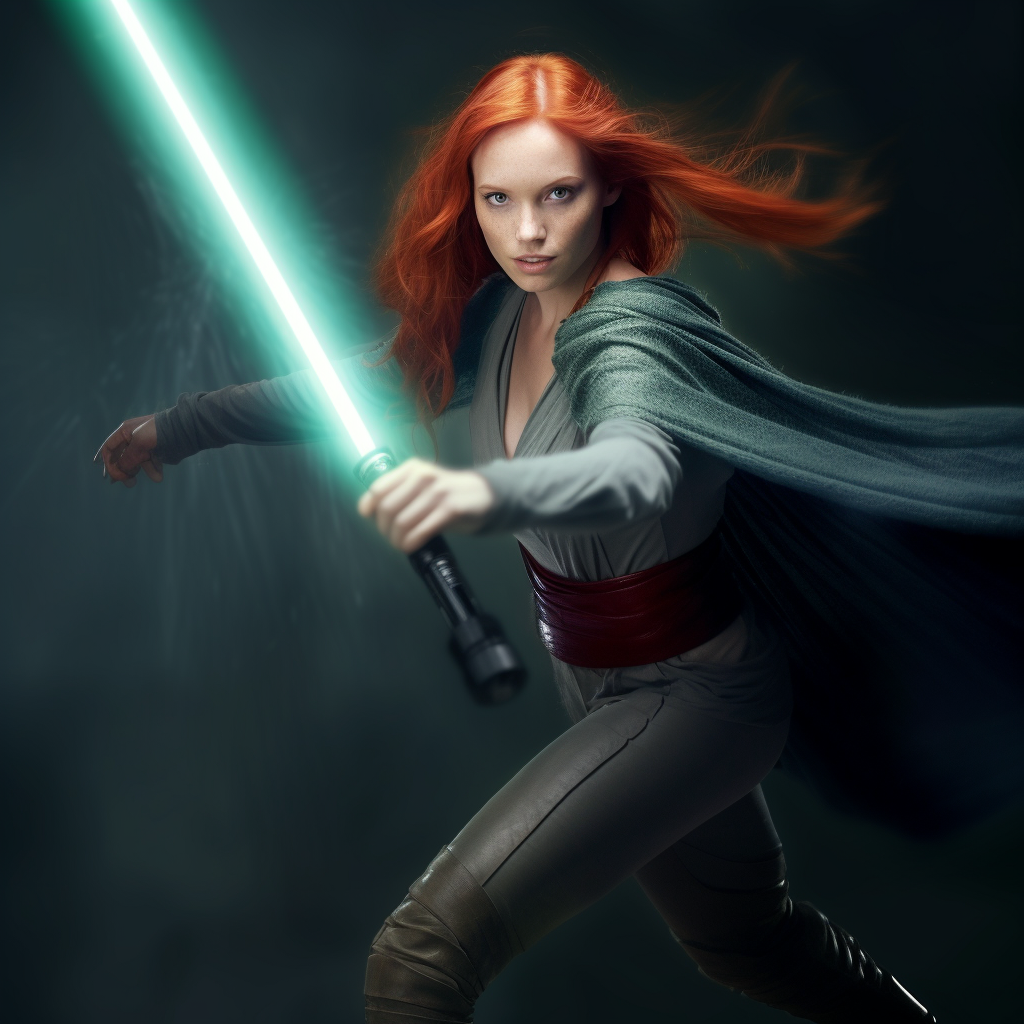 Beautiful female Jedi with raised leg in skintight uniform