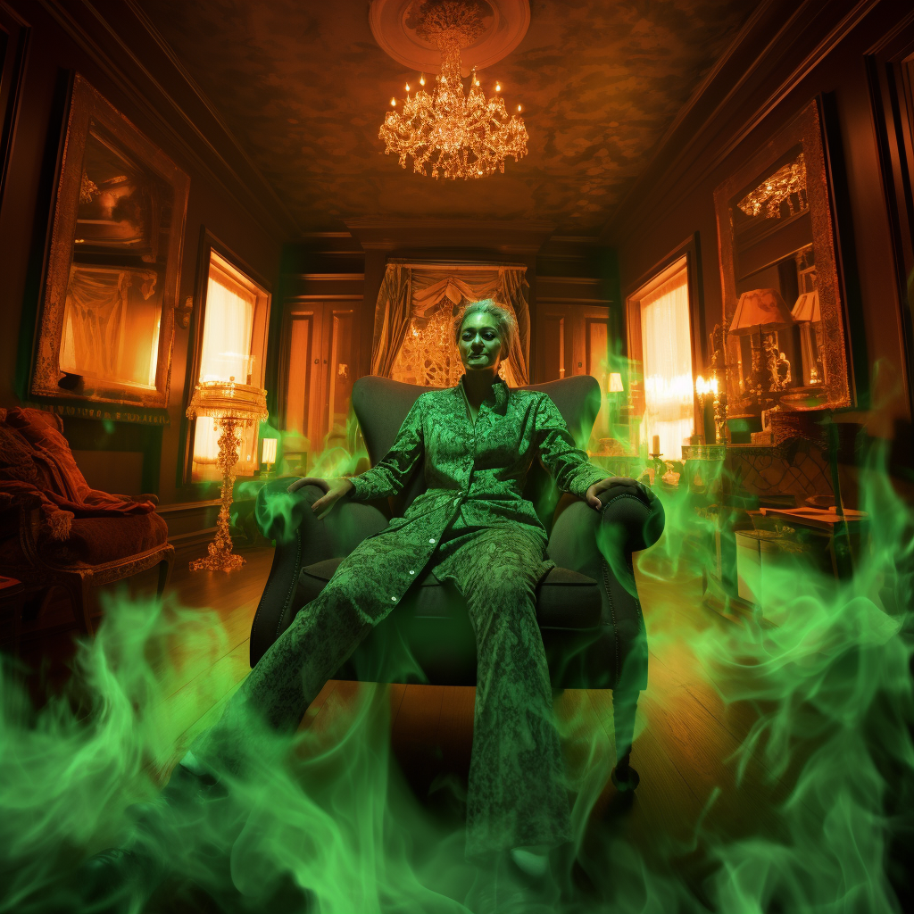 Female meditating in green bodysuit surrounded by flames