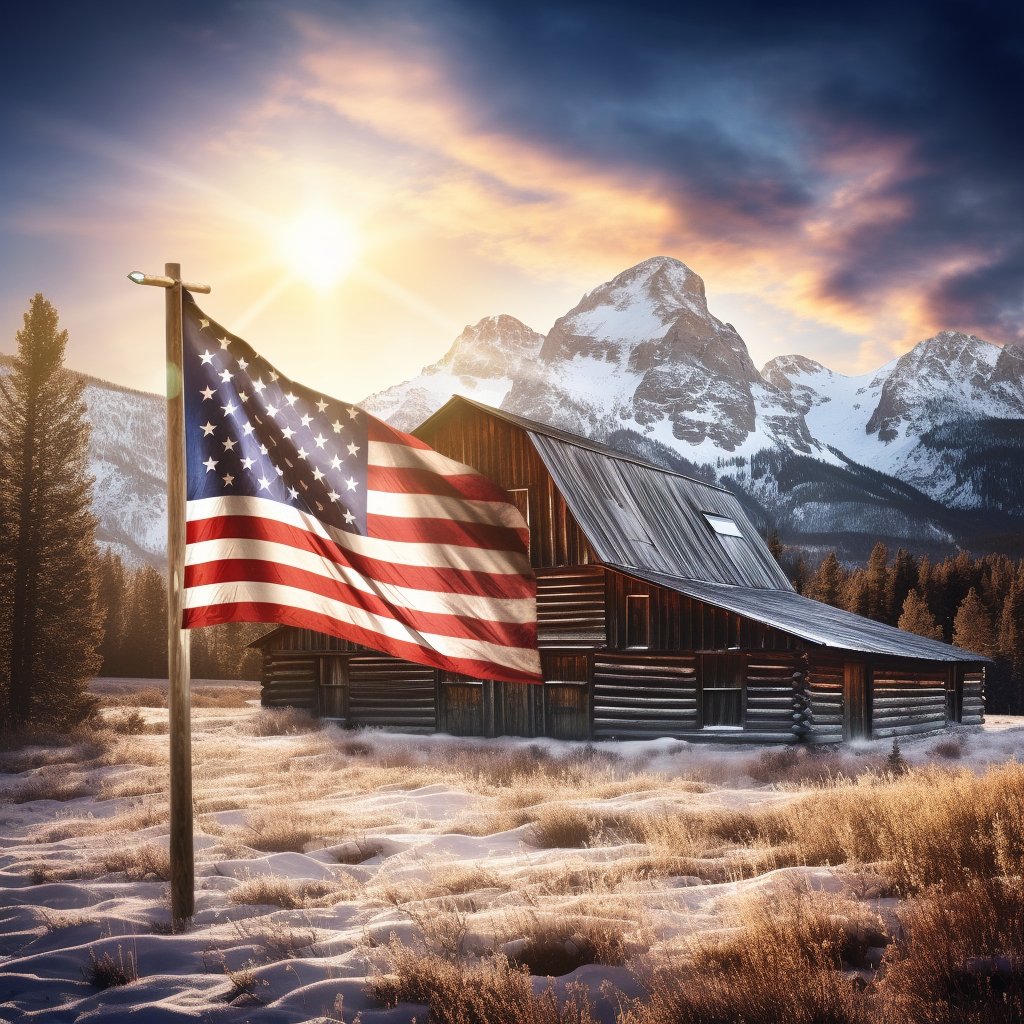 Flag waving proudly in front of mountain barn