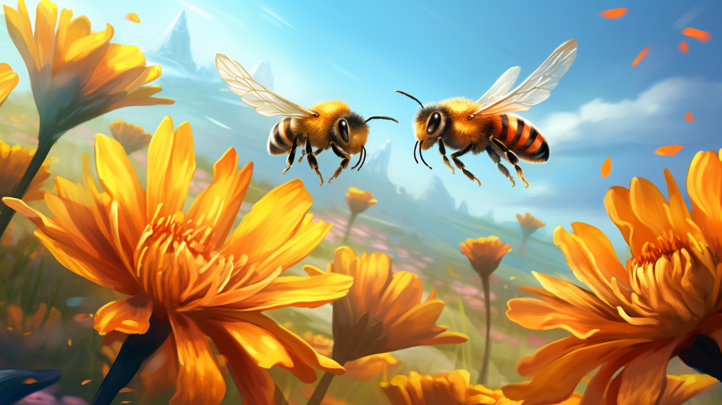 Illustration of bees in a flower garden