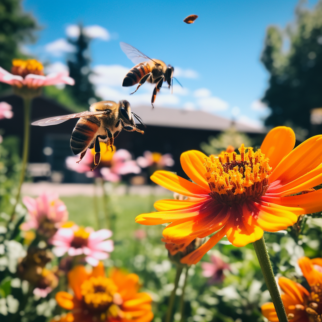 Two bees flying in a stunning flower garden