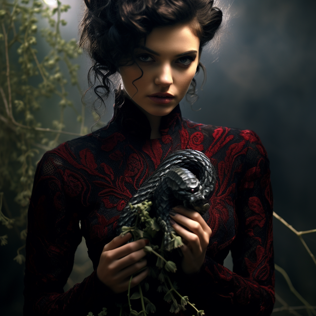 Woman holding black bush viper in special dress