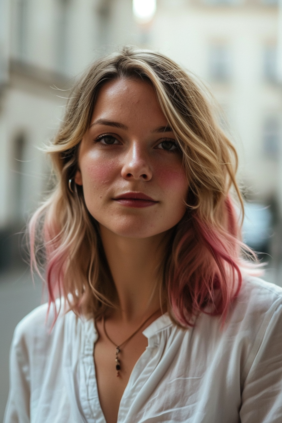 French woman with pink ombre and white blouse