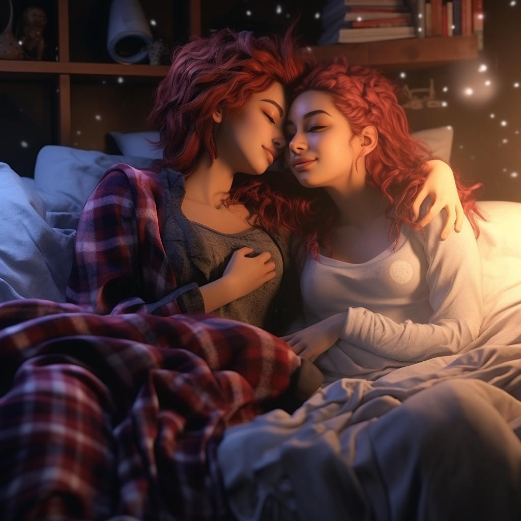 Two Happy Gay Girls Cuddling in Cozy Bed