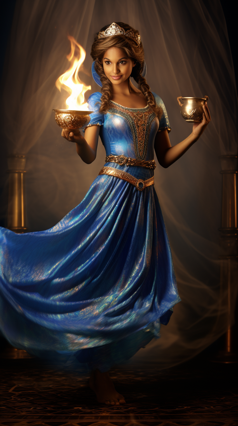 Elegant Genie in Blue Silk Emerging from Magic Lamp