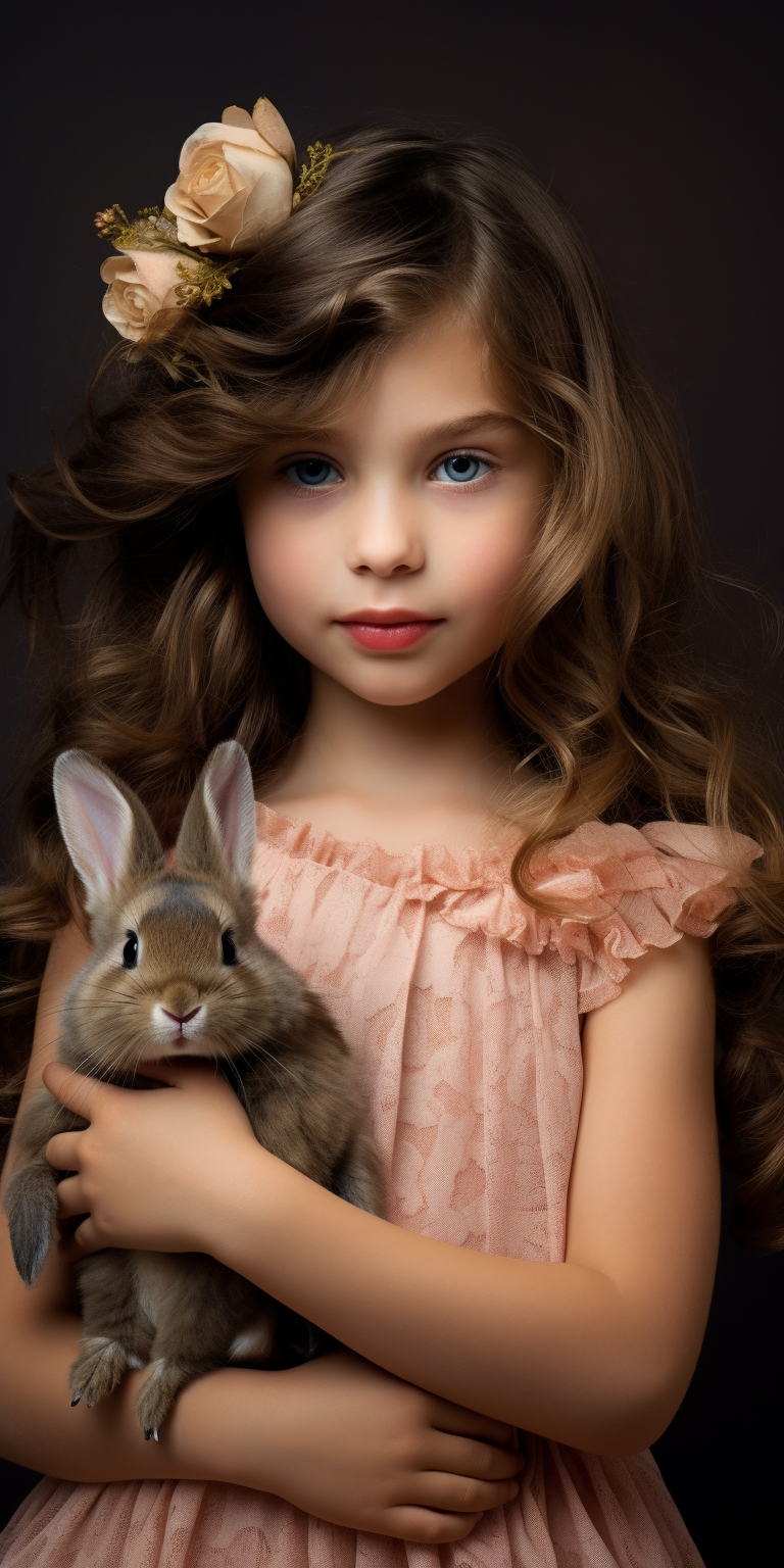 Cute girl with brown rabbit and butterfly