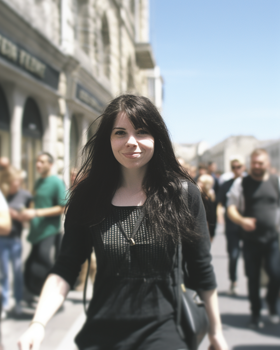 Smiling girl with black hair on busy street