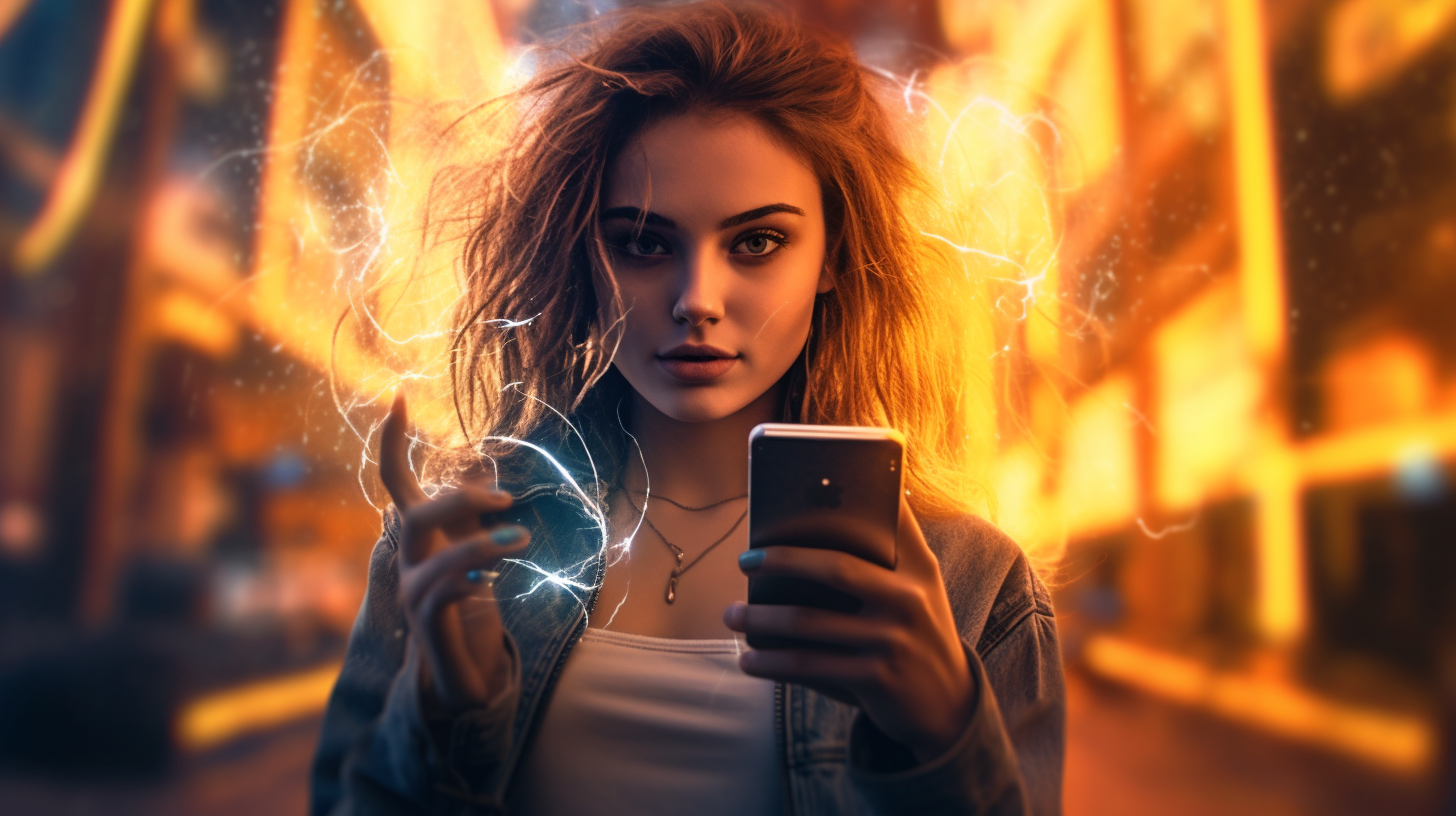 Beautiful girl taking a cell phone self portrait with a riot in the background