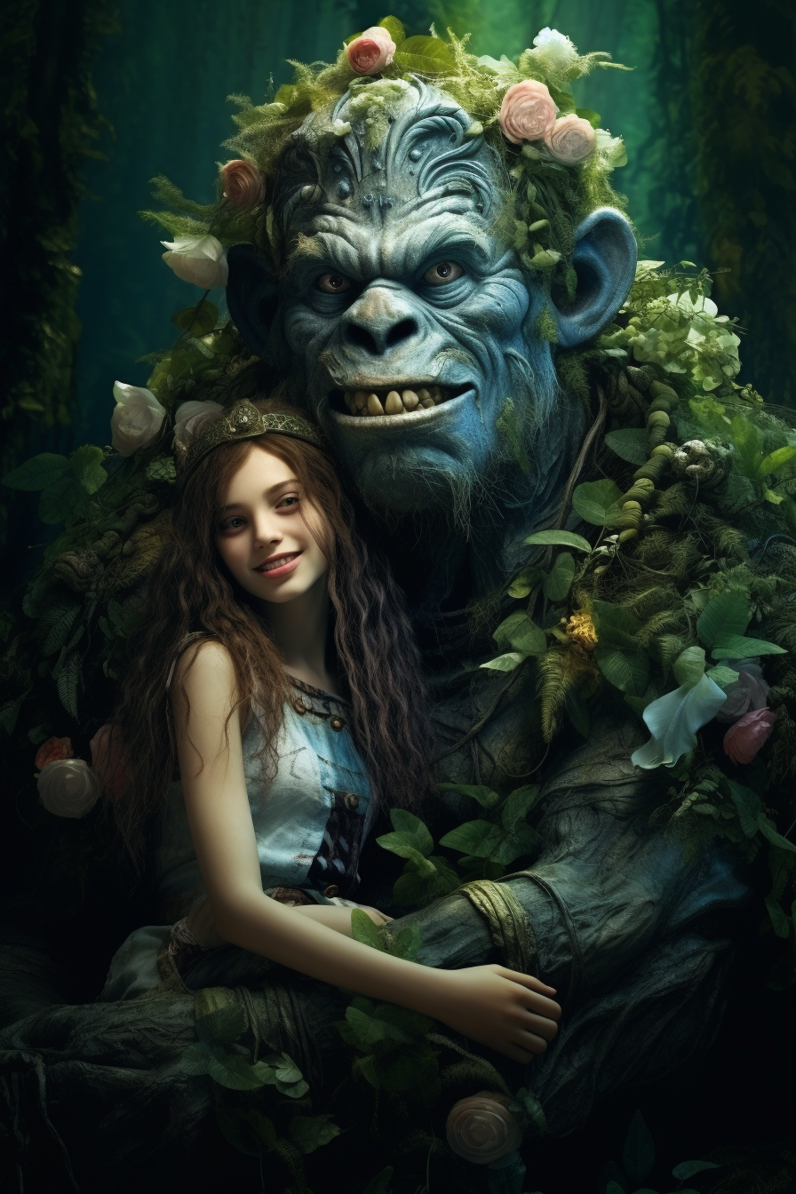 Girl on Ogre's Shoulders with Flower Decoration