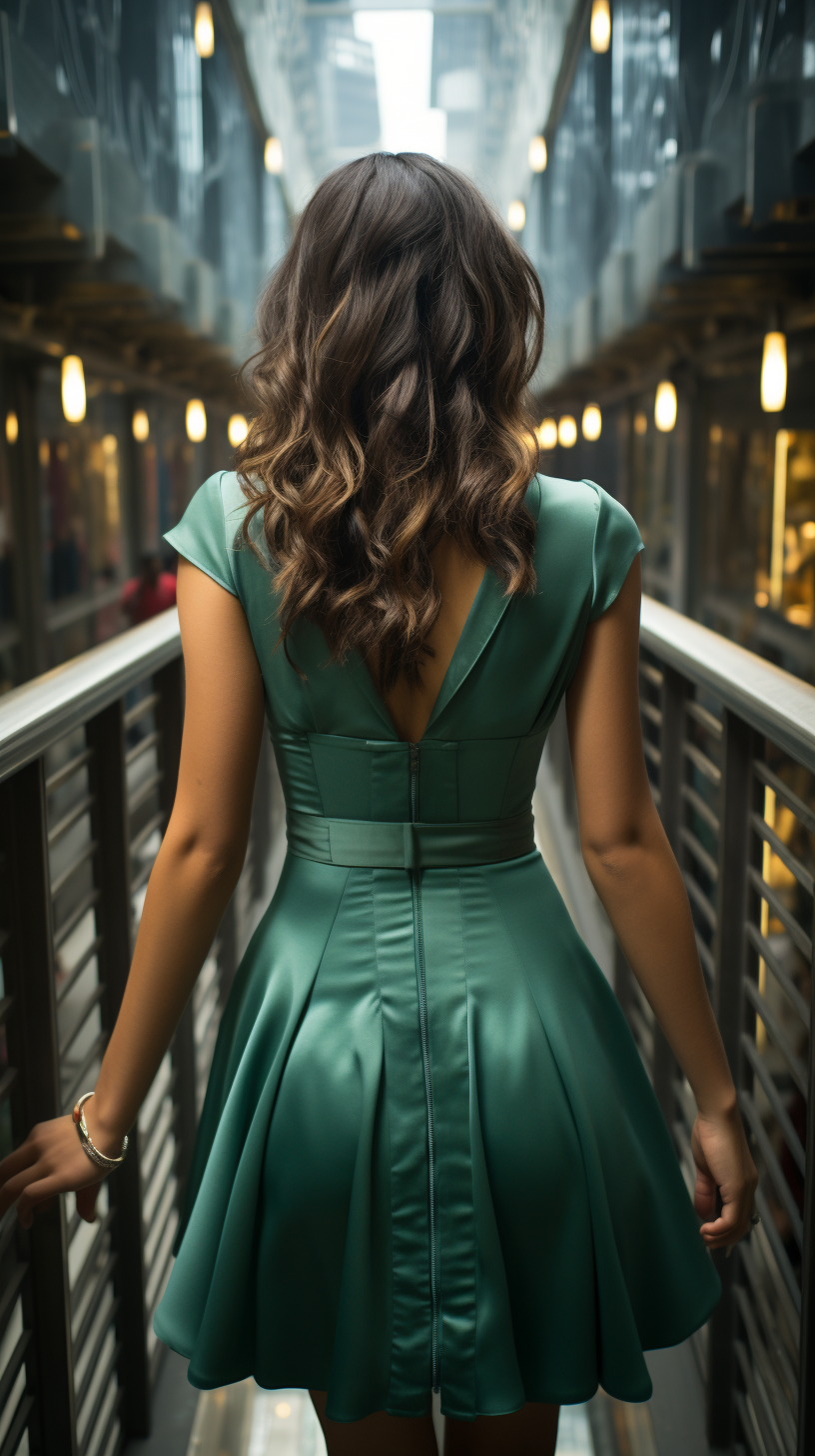 Beautiful girl in green dress walking into skyscraper