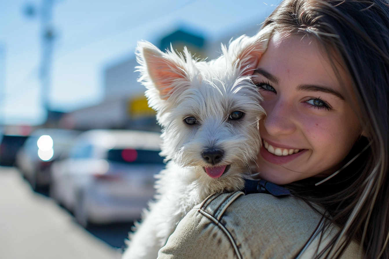 Beautiful girl with adorable white dog at Walmart