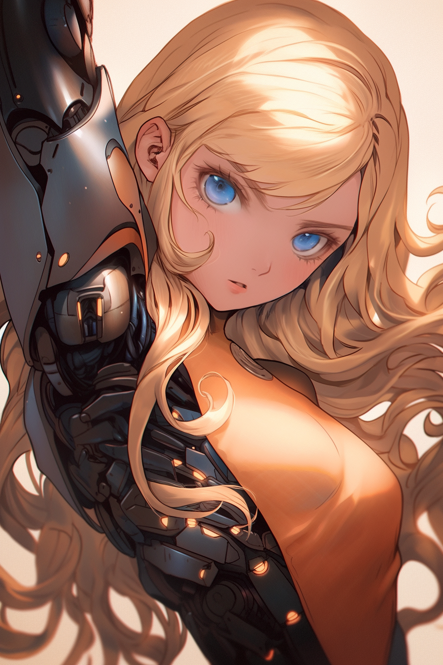 Beautiful girl with blue eyes and robotic arms