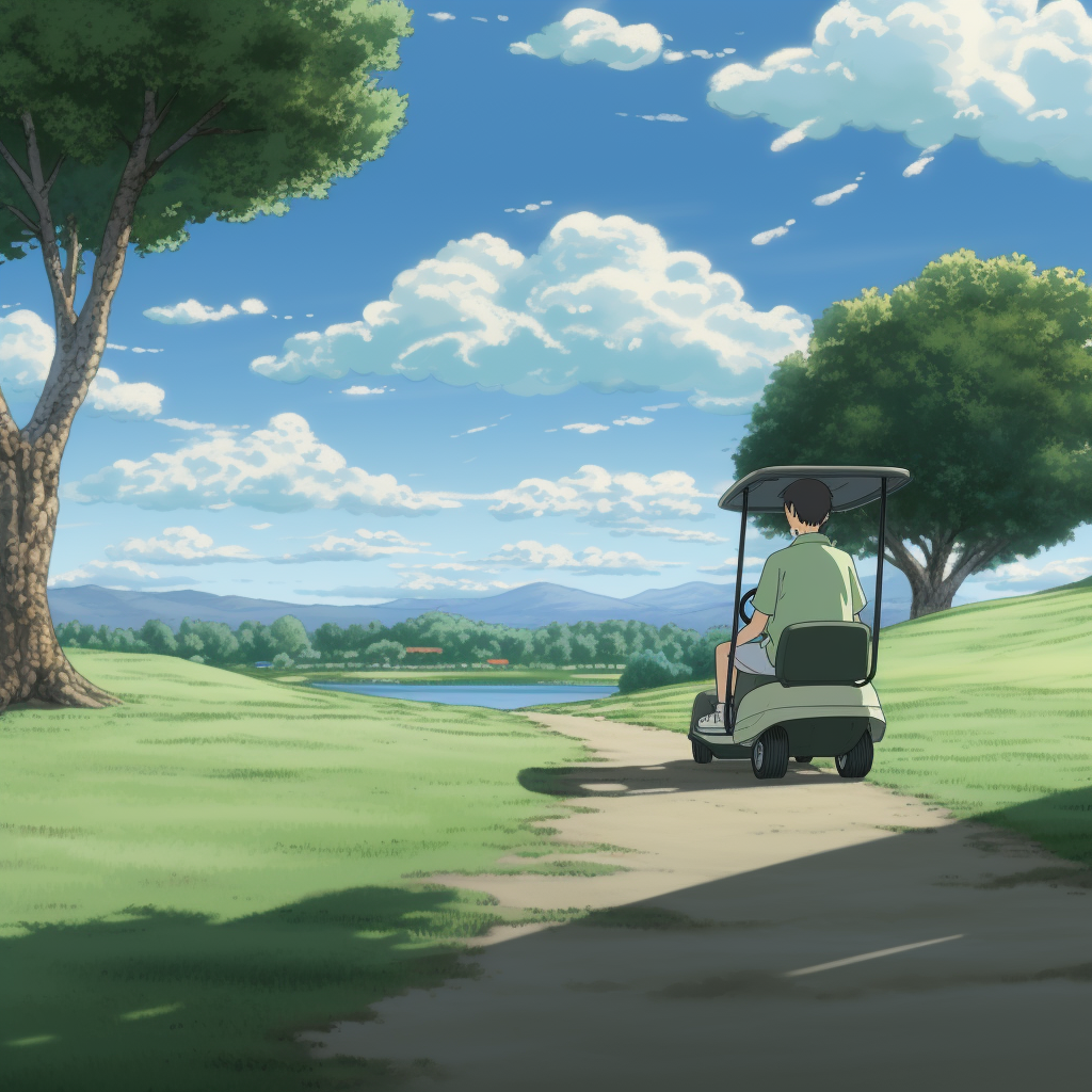 Male character enjoying a golf ride