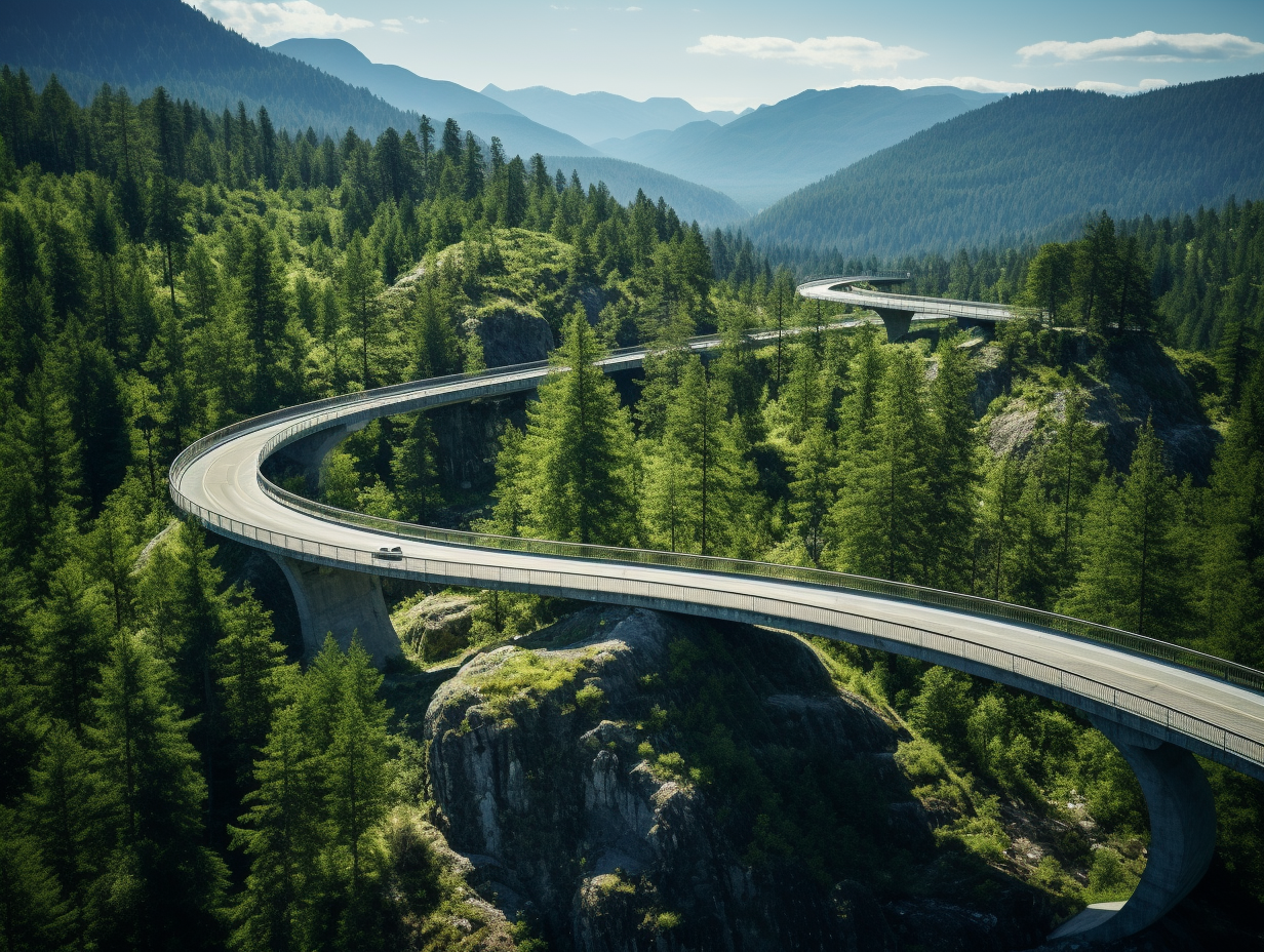 Beautiful green earth bridge with trees and road