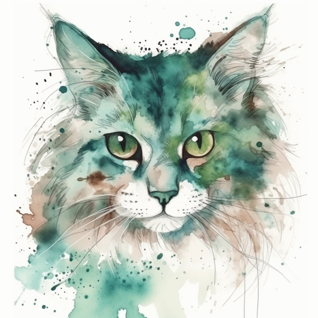 Watercolor of beautiful green-eyed cat with flowing fur