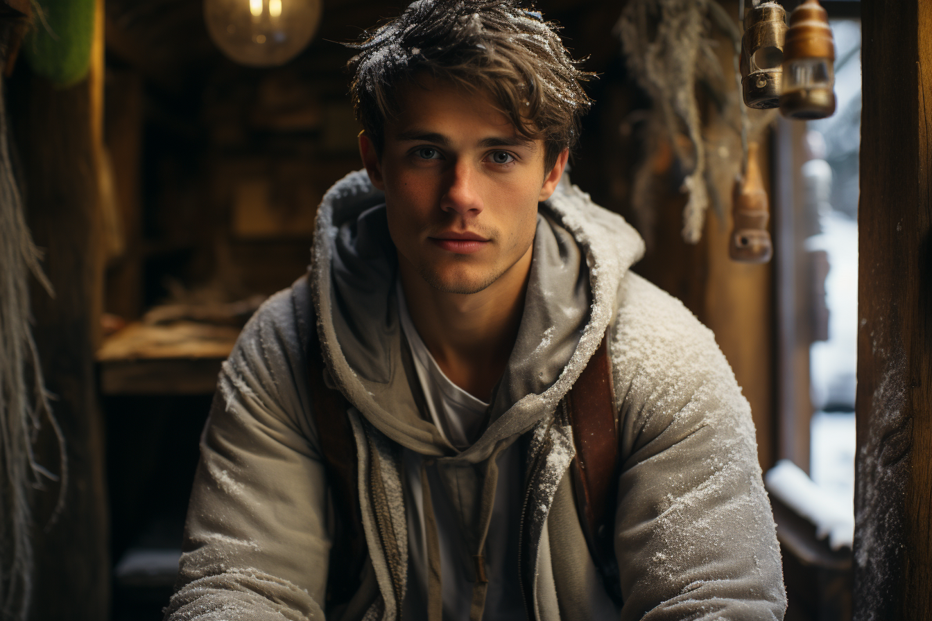 Gorgeous guy sitting outside snowy chalet