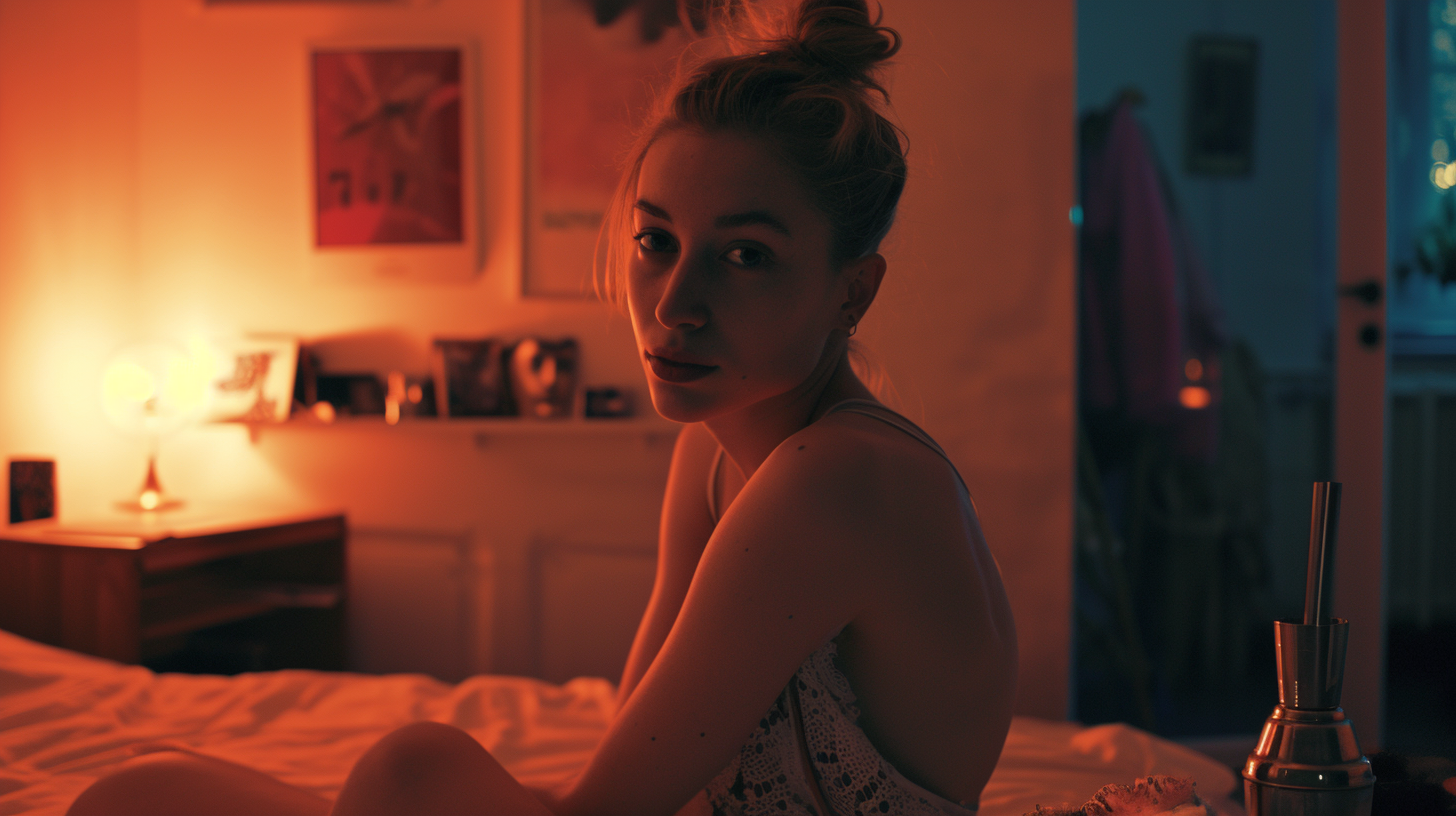 Stylish woman in bedroom at night