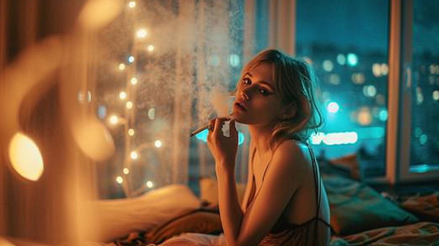 Waist-up photo of a beautiful hip skinny woman in a Parisian bedroom