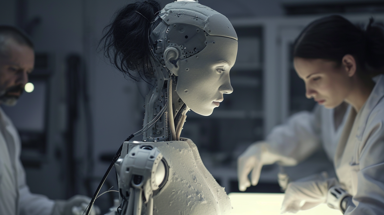 Group of scientists working on a beautiful humanoid robot