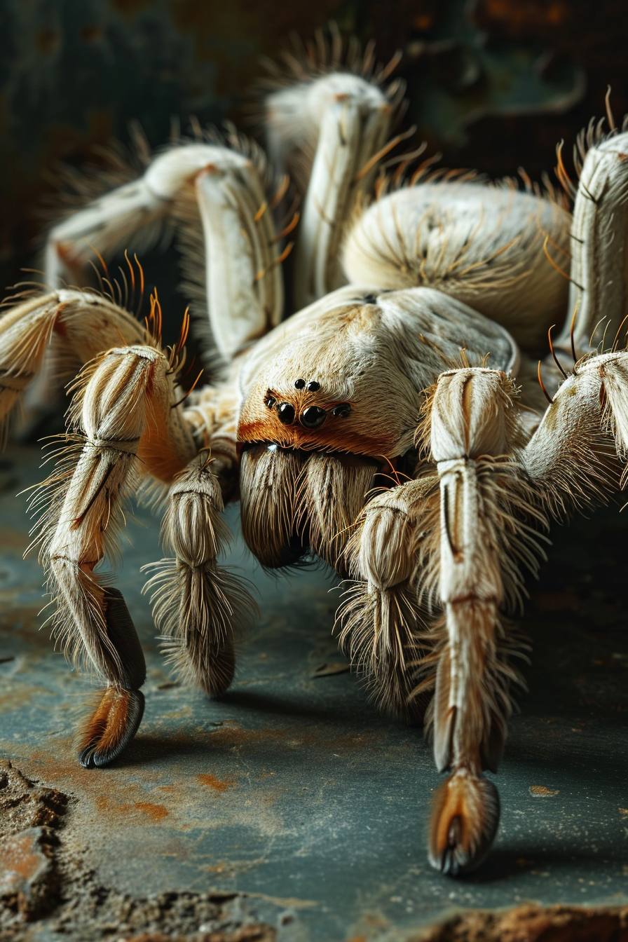 Beautiful humanoid white tarantula in vintage photoshoot