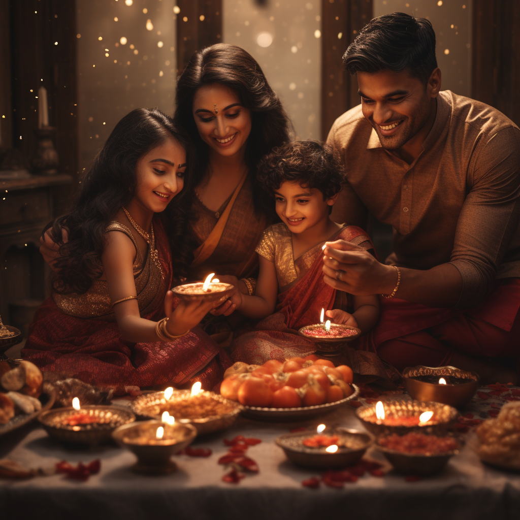 Happy Diwali celebration by an Indian family