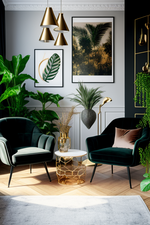 Furniture and plants in beautifully lit interior