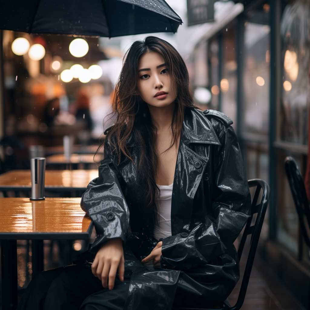 Japanese model wearing medical exam gloves in outdoor cafe