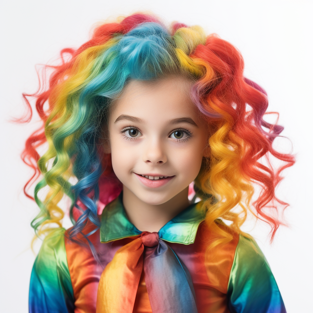 Kid girl with rainbow hair in Halloween outfit