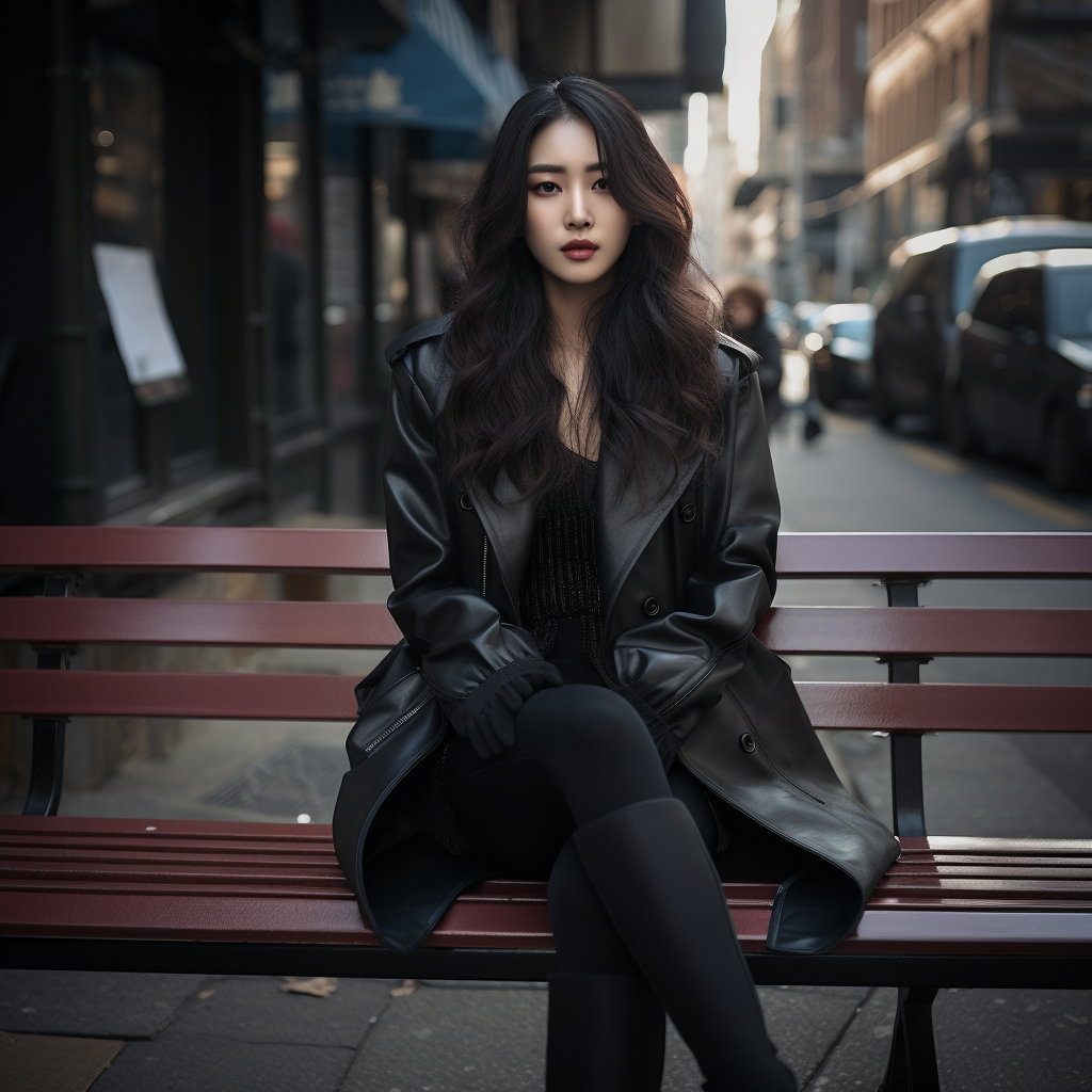 Korean celebrity wearing gloves, blazer, and leggings on a bench