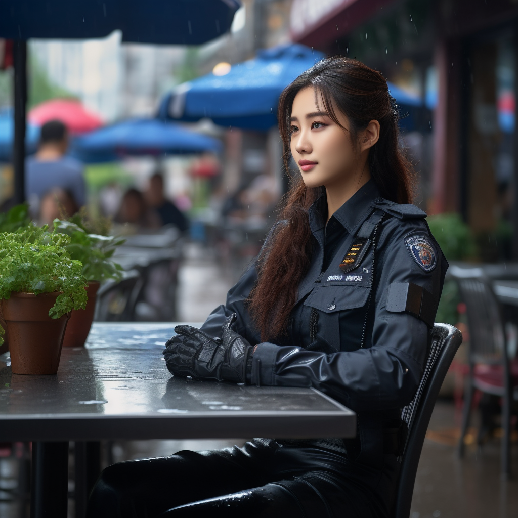 Stylish Korean Policewoman in Rainy Street